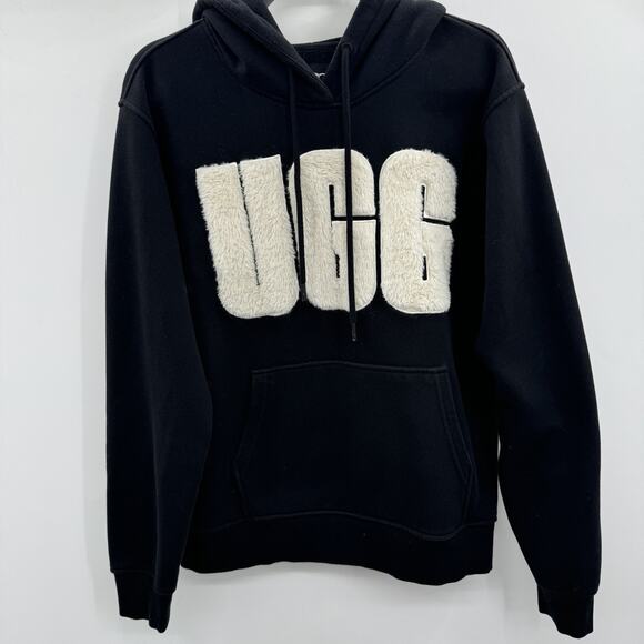 UGG Women's Rey Fuzzy Hoodie Sz L Black Spell Out Logo Fleece Lined Soft Lounge - Picture 1 of 10